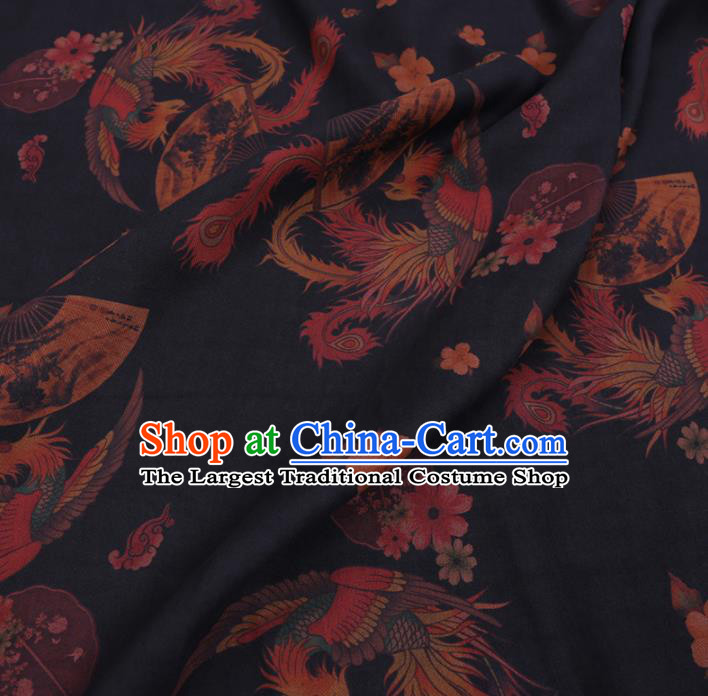 Chinese Classical Printing Phoenix Pattern Design Black Gambiered Guangdong Gauze Fabric Asian Traditional Cheongsam Silk Material
