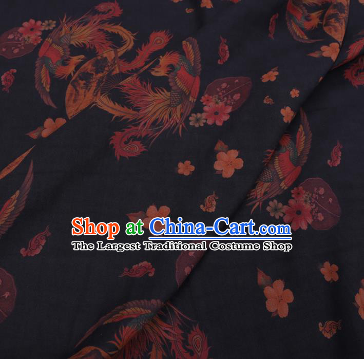 Chinese Classical Printing Phoenix Pattern Design Black Gambiered Guangdong Gauze Fabric Asian Traditional Cheongsam Silk Material