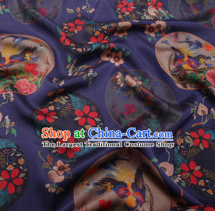 Chinese Classical Printing Peony Birds Pattern Design Deep Blue Gambiered Guangdong Gauze Fabric Asian Traditional Cheongsam Silk Material