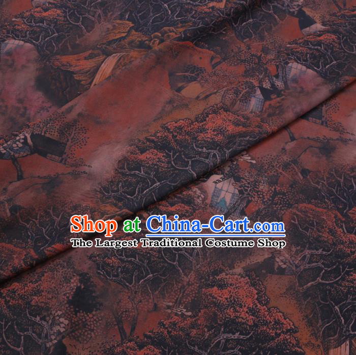 Chinese Classical Printing Forest Pattern Design Brown Gambiered Guangdong Gauze Fabric Asian Traditional Cheongsam Silk Material