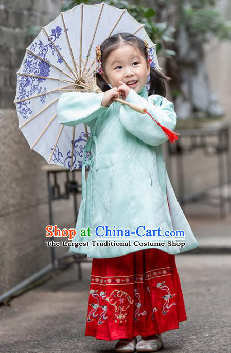 Chinese Traditional Girls Embroidered Green Blouse and Red Skirt Ancient Ming Dynasty Princess Costume for Kids