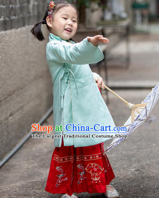 Chinese Traditional Girls Embroidered Green Blouse and Red Skirt Ancient Ming Dynasty Princess Costume for Kids