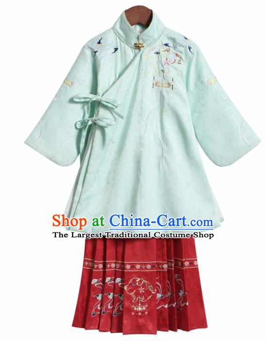 Chinese Traditional Girls Embroidered Green Blouse and Red Skirt Ancient Ming Dynasty Princess Costume for Kids