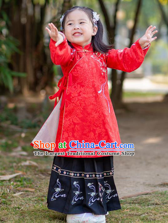 Chinese Traditional Girls Embroidered Red Blouse and Black Skirt Ancient Ming Dynasty Princess Costume for Kids
