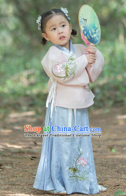 Chinese Traditional Girls Embroidered Lotus Pink Blouse and Blue Skirt Ancient Ming Dynasty Princess Costume for Kids
