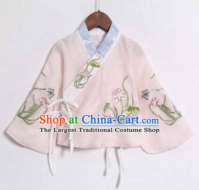 Chinese Traditional Girls Embroidered Lotus Pink Blouse and Blue Skirt Ancient Ming Dynasty Princess Costume for Kids