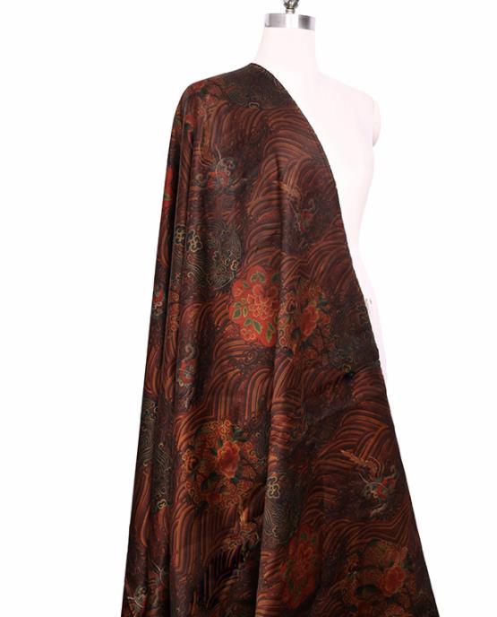 Chinese Classical Wave Peony Pattern Design Deep Brown Gambiered Guangdong Gauze Fabric Asian Traditional Cheongsam Silk Material
