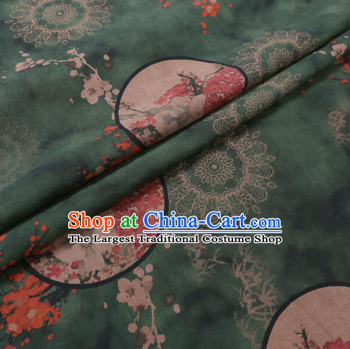 Chinese Classical Printing Plum Magnolia Pattern Design Atrovirens Gambiered Guangdong Gauze Fabric Asian Traditional Cheongsam Silk Material