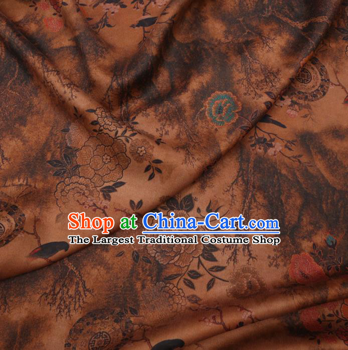 Chinese Classical Printing Peony Pattern Design Ginger Gambiered Guangdong Gauze Fabric Asian Traditional Cheongsam Silk Material