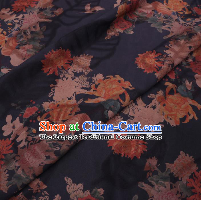 Chinese Classical Printing Chrysanthemum Peony Pattern Design Navy Gambiered Guangdong Gauze Fabric Asian Traditional Cheongsam Silk Material