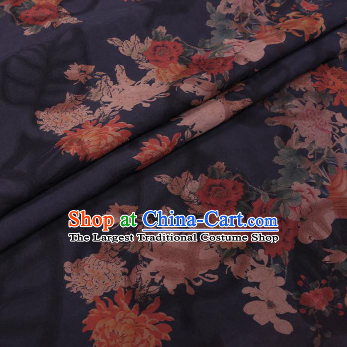 Chinese Classical Printing Chrysanthemum Peony Pattern Design Navy Gambiered Guangdong Gauze Fabric Asian Traditional Cheongsam Silk Material