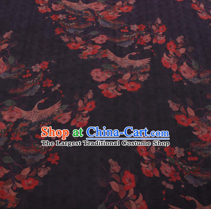 Chinese Classical Printing Crane Peony Pattern Design Black Gambiered Guangdong Gauze Fabric Asian Traditional Cheongsam Silk Material