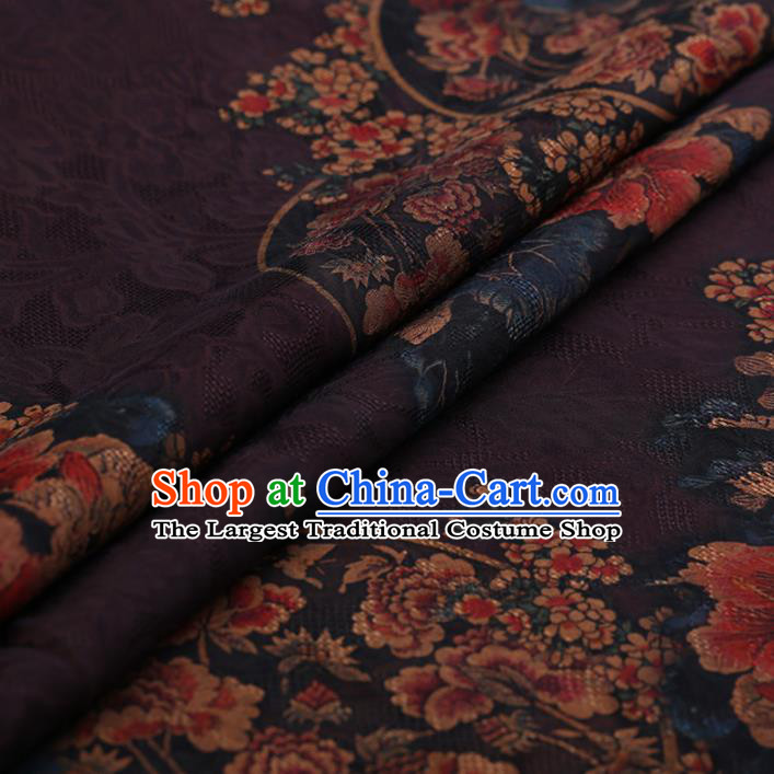 Chinese Classical Printing Peony Plum Pattern Design Deep Purple Gambiered Guangdong Gauze Fabric Asian Traditional Cheongsam Silk Material