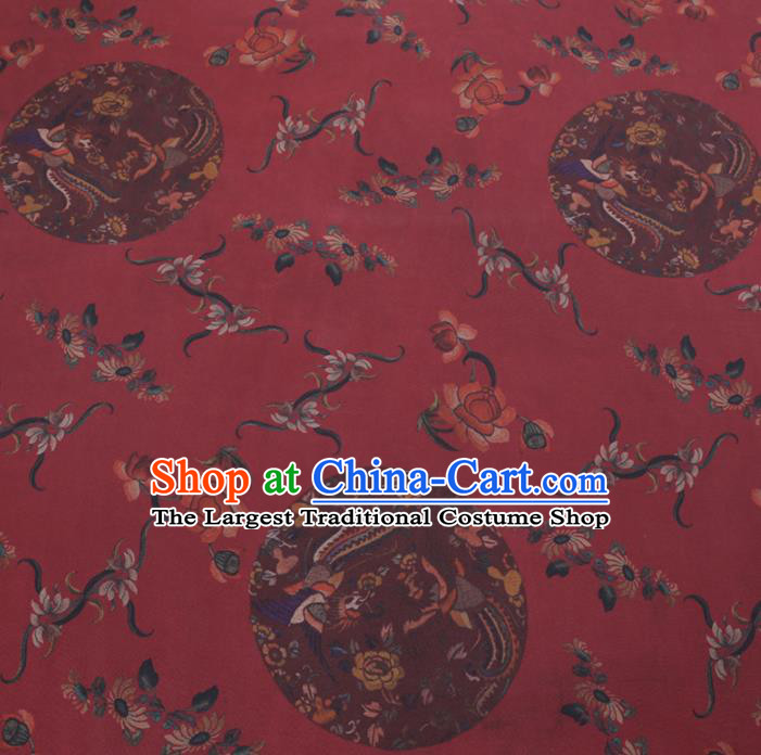 Chinese Classical Printing Phoenix Peony Pattern Design Purplish Red Gambiered Guangdong Gauze Fabric Asian Traditional Cheongsam Silk Material