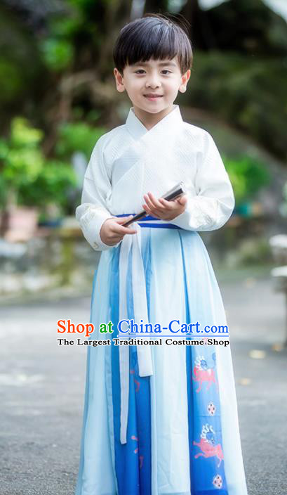 Chinese Traditional Ming Dynasty Swordsman White Costume Ancient Scholar Hanfu Clothing for Kids