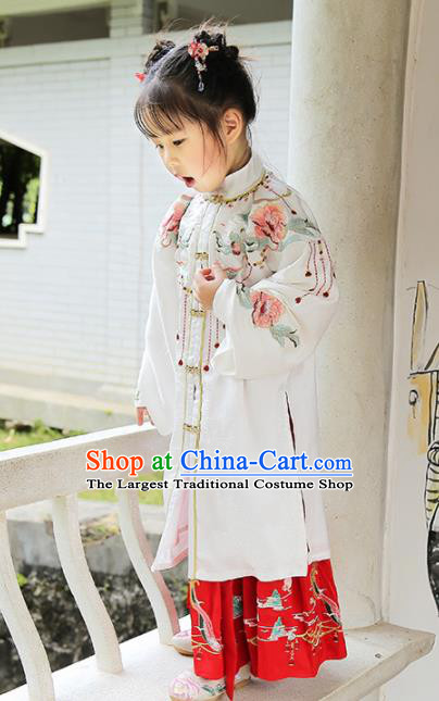 Chinese Traditional Girls Embroidered White Cape and Skirt Ancient Ming Dynasty Princess Costume for Kids