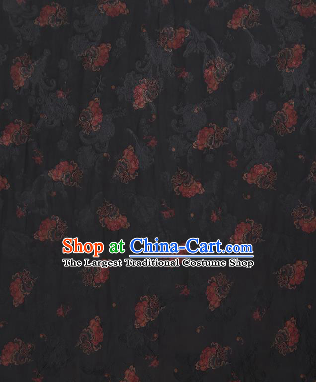 Chinese Classical Printing Peony Pattern Design Black Gambiered Guangdong Gauze Fabric Asian Traditional Cheongsam Silk Material