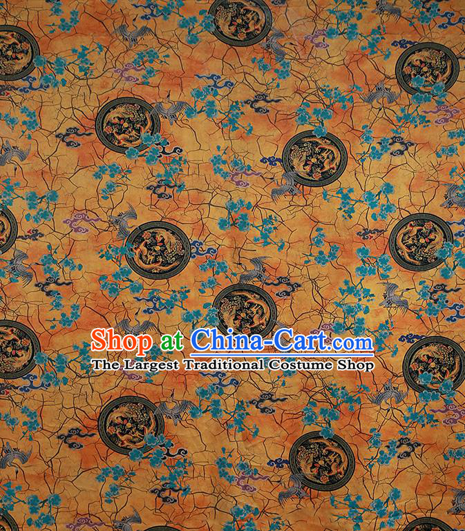 Chinese Classical Printing Crane Plum Pattern Design Yellow Gambiered Guangdong Gauze Fabric Asian Traditional Cheongsam Silk Material