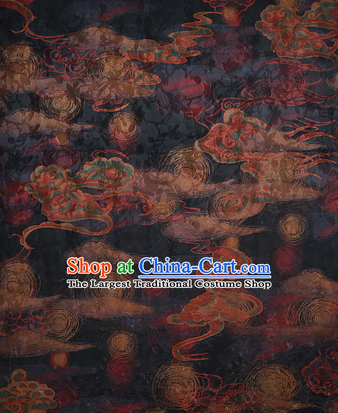 Chinese Classical Printing Cloud Pattern Design Black Gambiered Guangdong Gauze Fabric Asian Traditional Cheongsam Silk Material