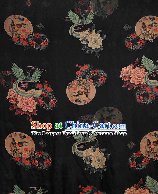 Chinese Classical Printing Phoenix Peony Pattern Design Black Gambiered Guangdong Gauze Fabric Asian Traditional Cheongsam Silk Material