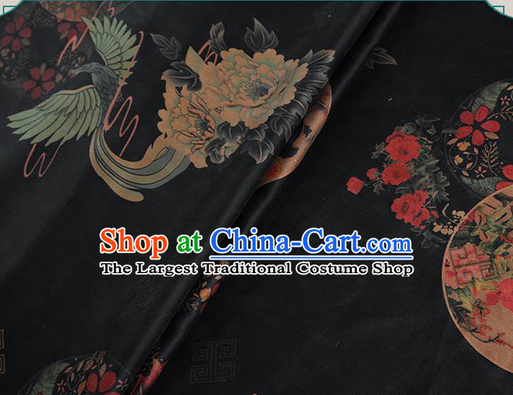 Chinese Classical Printing Phoenix Peony Pattern Design Black Gambiered Guangdong Gauze Fabric Asian Traditional Cheongsam Silk Material