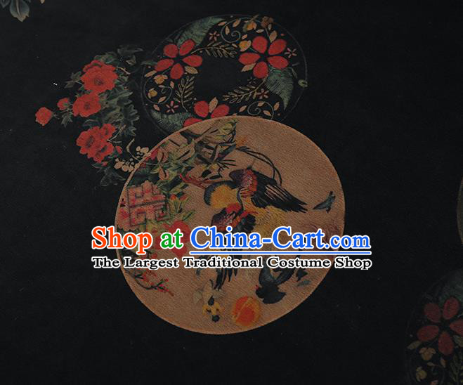 Chinese Classical Printing Phoenix Peony Pattern Design Black Gambiered Guangdong Gauze Fabric Asian Traditional Cheongsam Silk Material