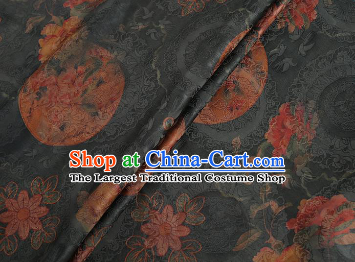 Chinese Classical Printing Peony Pattern Design Atrovirens Gambiered Guangdong Gauze Fabric Asian Traditional Cheongsam Silk Material