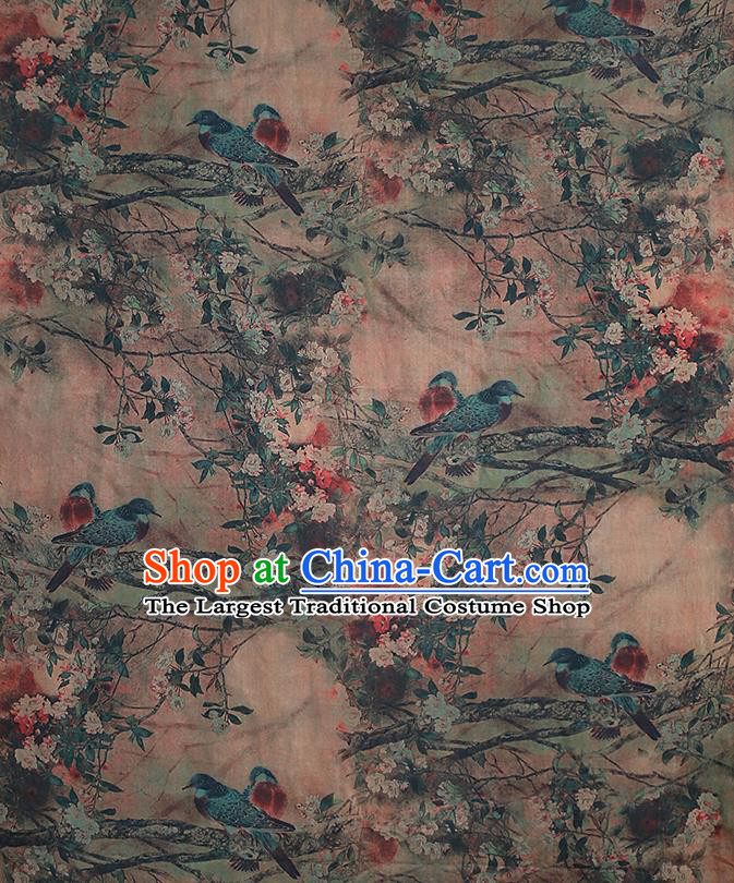 Chinese Classical Printing Begonia Bird Pattern Design Khaki Gambiered Guangdong Gauze Fabric Asian Traditional Cheongsam Silk Material