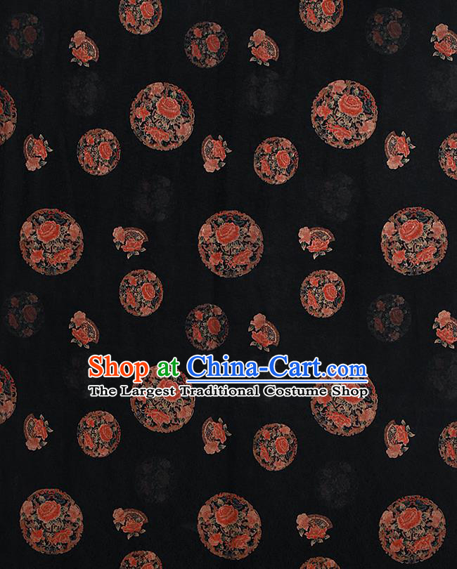 Chinese Classical Printing Round Peony Pattern Design Black Gambiered Guangdong Gauze Fabric Asian Traditional Cheongsam Silk Material