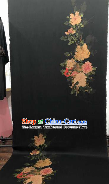 Asian Chinese Traditional Peony Pattern Design Black Gambiered Guangdong Gauze Fabric Silk Material