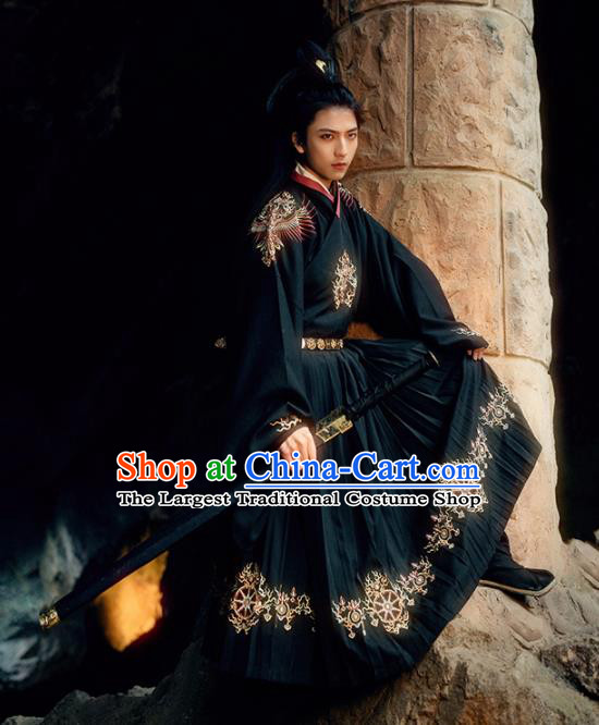 Chinese Ancient Swordsman Black Hanfu Clothing Traditional Ming Dynasty Imperial Guards Embroidered Costumes for Men