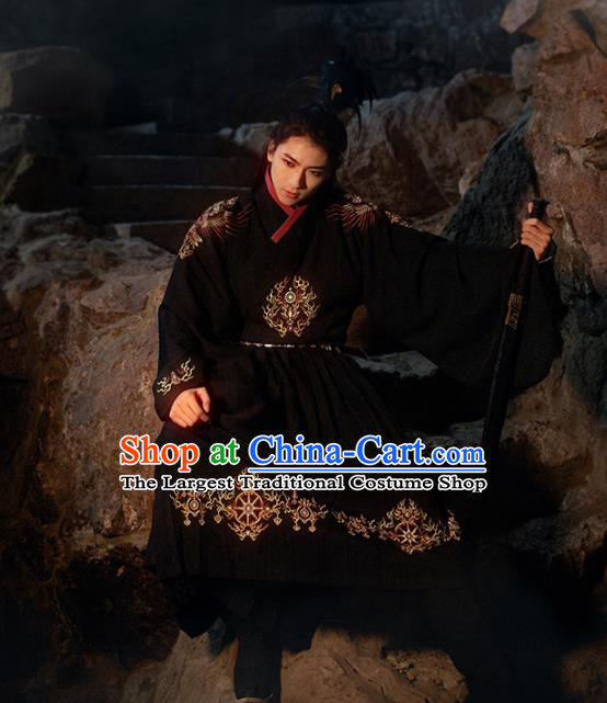 Chinese Ancient Swordsman Black Hanfu Clothing Traditional Ming Dynasty Imperial Guards Embroidered Costumes for Men