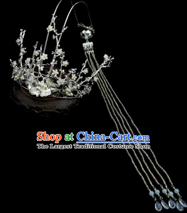 Chinese Ancient Princess Argent Tassel Hair Crown Traditional Classical Dance Hair Accessories for Women