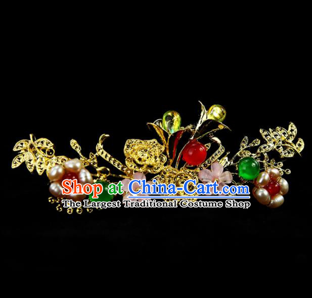Chinese Ancient Princess Pearls Golden Hair Crown Traditional Classical Dance Hair Accessories for Women