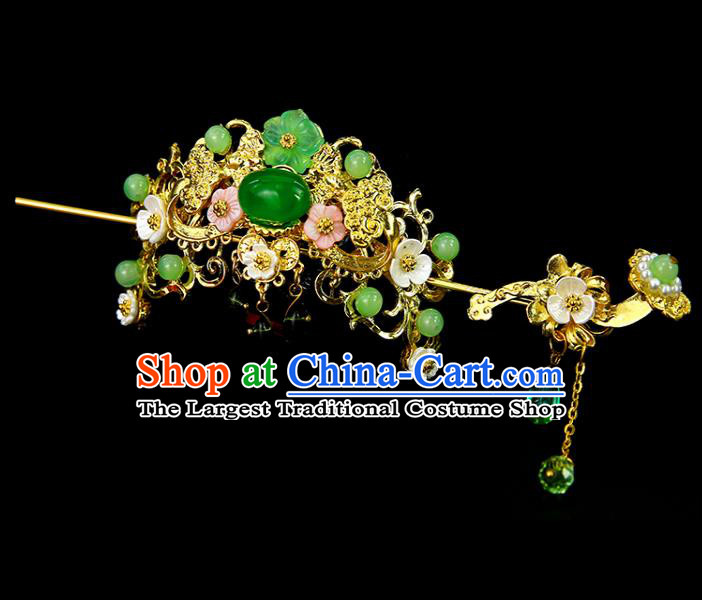Chinese Ancient Princess Green Beads Hair Crown and Hairpins Traditional Classical Dance Hair Accessories for Women