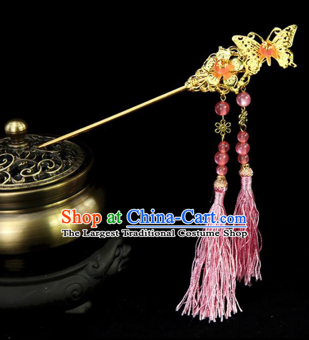 Chinese Ancient Princess Pink Tassel Butterfly Hairpins Traditional Classical Dance Hair Accessories for Women