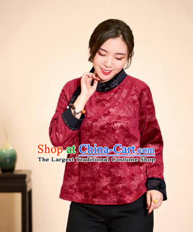 Top Grade Traditional Chinese Embroidered Wine Red Blouse Tang Suit Silk Upper Outer Garment for Women