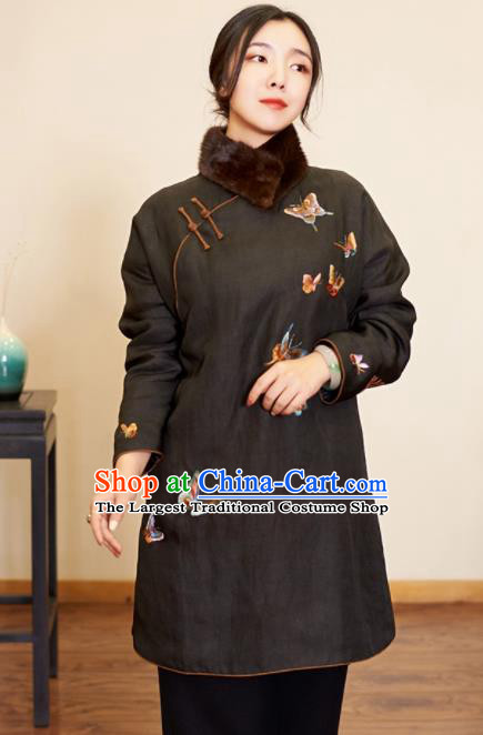 Top Grade Traditional Chinese Embroidered Butterfly Cotton Wadded Jacket Tang Suit Silk Upper Outer Garment for Women