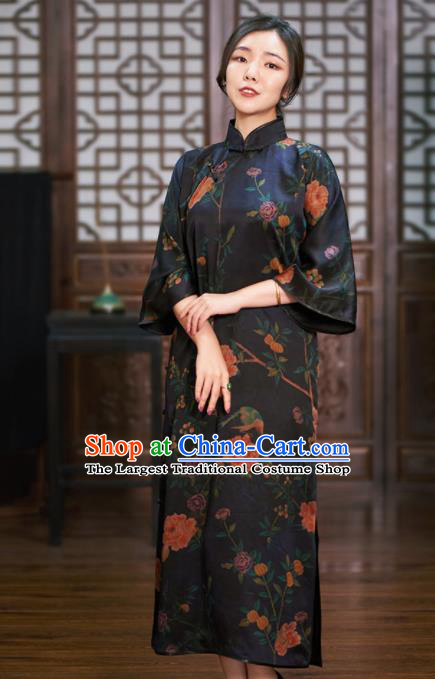 Traditional Chinese Graceful Black Cheongsam Tang Suit Silk Qipao Dress for Women