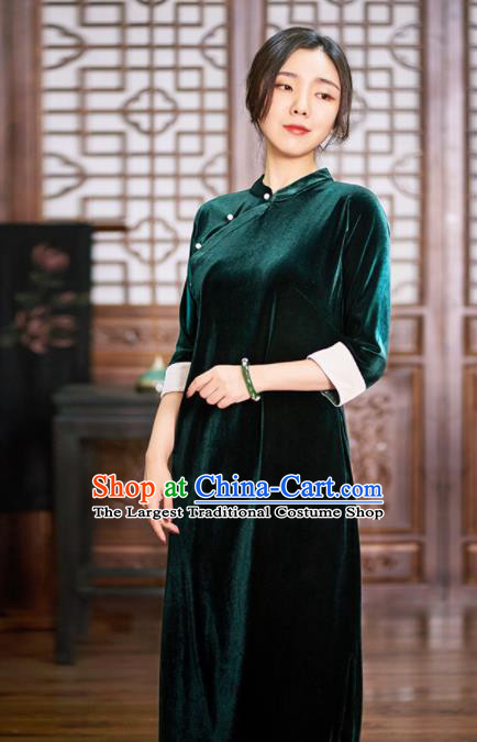Traditional Chinese National Graceful Green Velvet Cheongsam Tang Suit Qipao Dress for Women