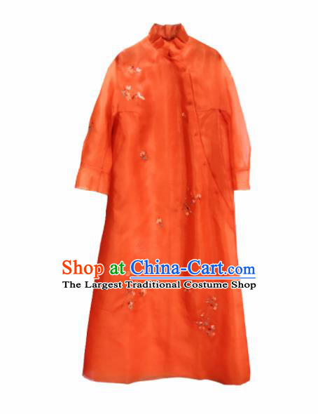 Traditional Chinese National Graceful Embroidered Orange Silk Cheongsam Tang Suit Qipao Dress for Women