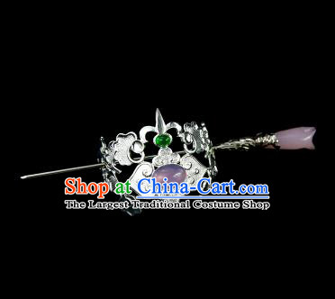 Chinese Drama Argent Hair Crown and Purple Magnolia Hairpin Ancient Swordsman Hair Accessories for Men