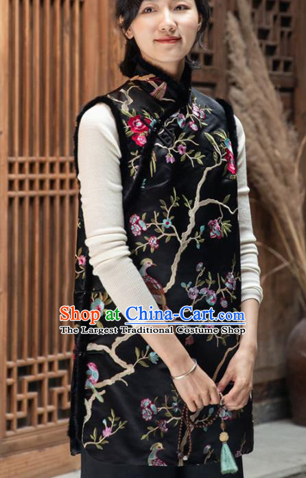 Top Grade Traditional Chinese Embroidered Black Cotton Wadded Vest Tang Suit Upper Outer Garment for Women