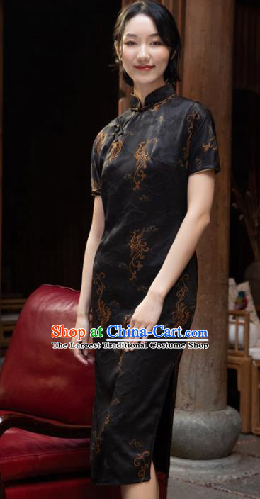 Traditional Chinese National Graceful Black Silk Cheongsam Tang Suit Qipao Dress for Women