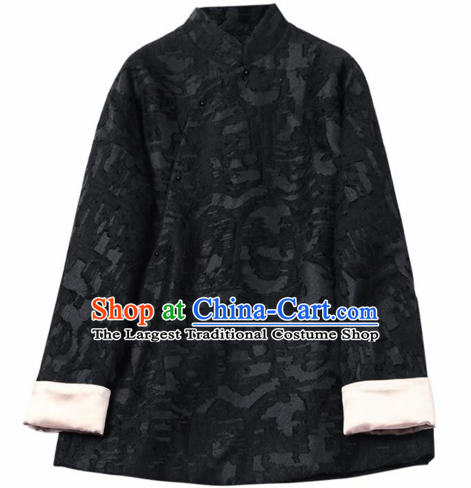 Top Grade Traditional Chinese National Black Cotton Wadded Coat Tang Suit Silk Upper Outer Garment for Women
