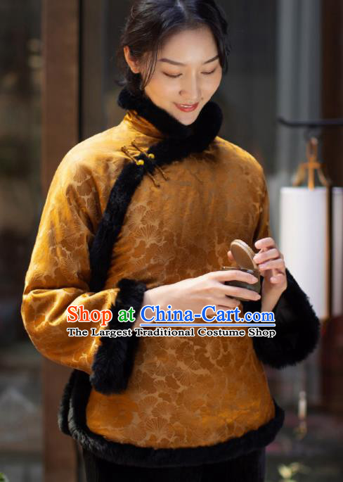 Top Grade Traditional Chinese National Golden Velvet Cotton Wadded Jacket Tang Suit Silk Upper Outer Garment for Women