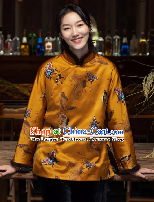 Top Grade Traditional Chinese National Printing Butterfly Golden Cotton Wadded Jacket Tang Suit Silk Upper Outer Garment for Women