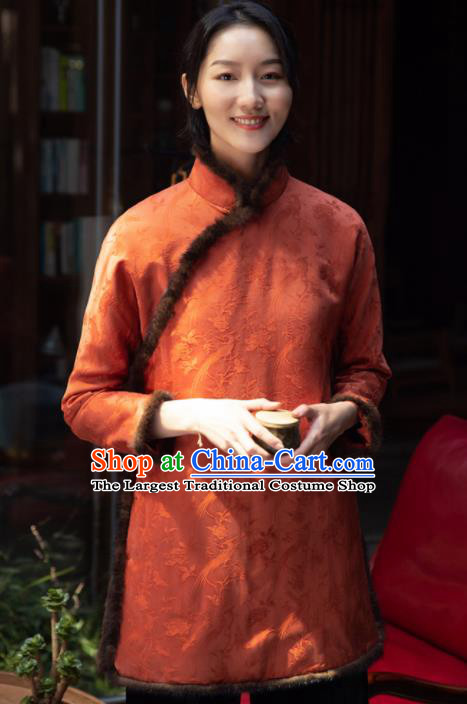 Top Grade Traditional Chinese National Orange Cotton Wadded Jacket Tang Suit Silk Upper Outer Garment for Women