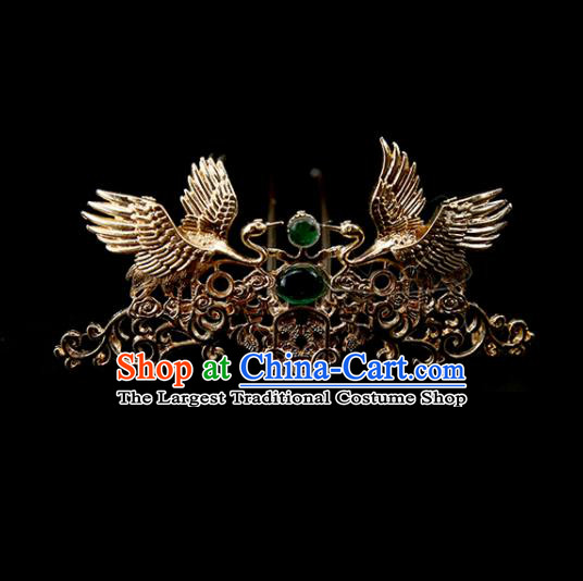 Chinese Ancient Princess Green Glass Hair Clip Golden Cranes Hairpins Traditional Classical Dance Hair Accessories for Women