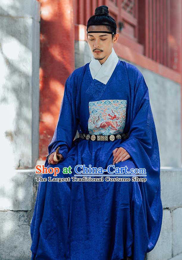 Chinese Ancient Official Blue Gown Traditional Ming Dynasty Minister Costumes for Men
